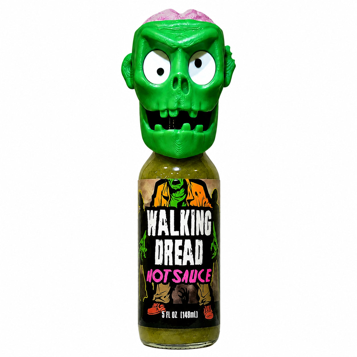 Walking Dread Hot Sauce with 3D Printed Zombie Face Bottle Topper with Articulating Jaw