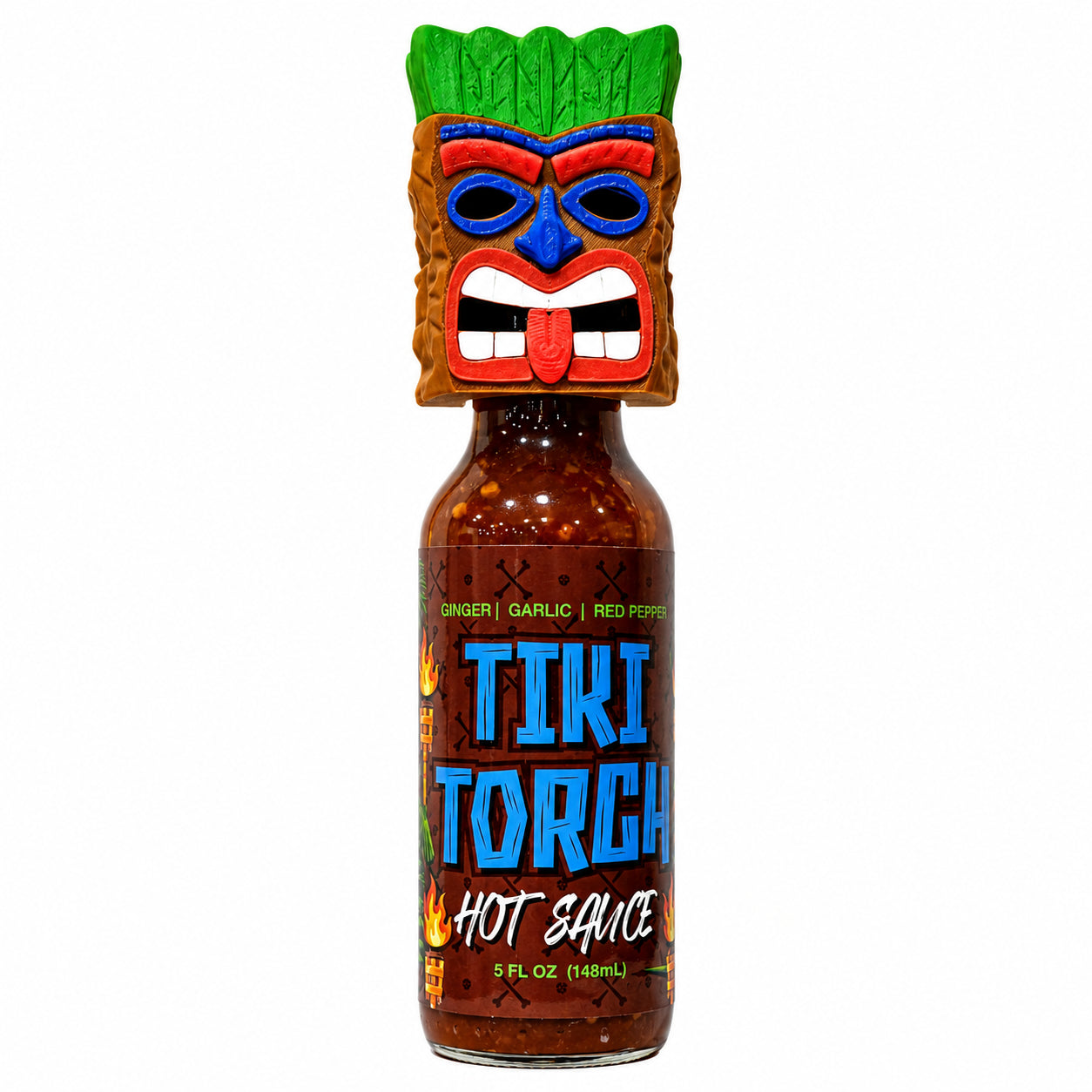 Tiki Torch Hot Sauce with 3D Printed Tiki Mask Bottle Topper
