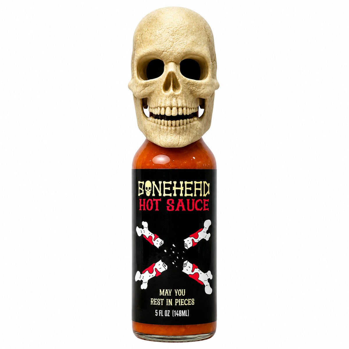 Bone Head Hot Sauce with 3D Printed Skeleton Face Bottle Topper with Articulating Jaw