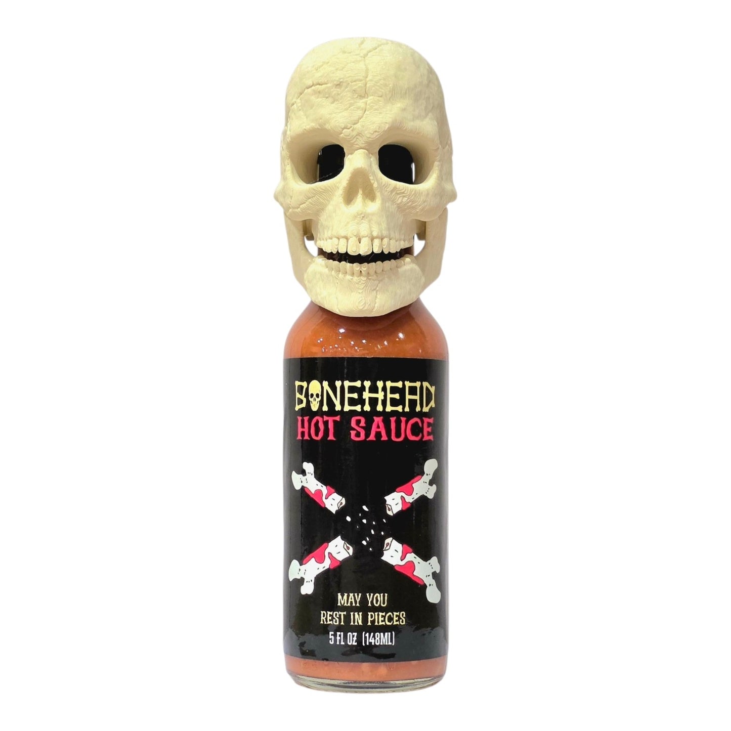 Bone Head Hot Sauce with 3D Printed Skeleton Face Bottle Topper with Articulating Jaw