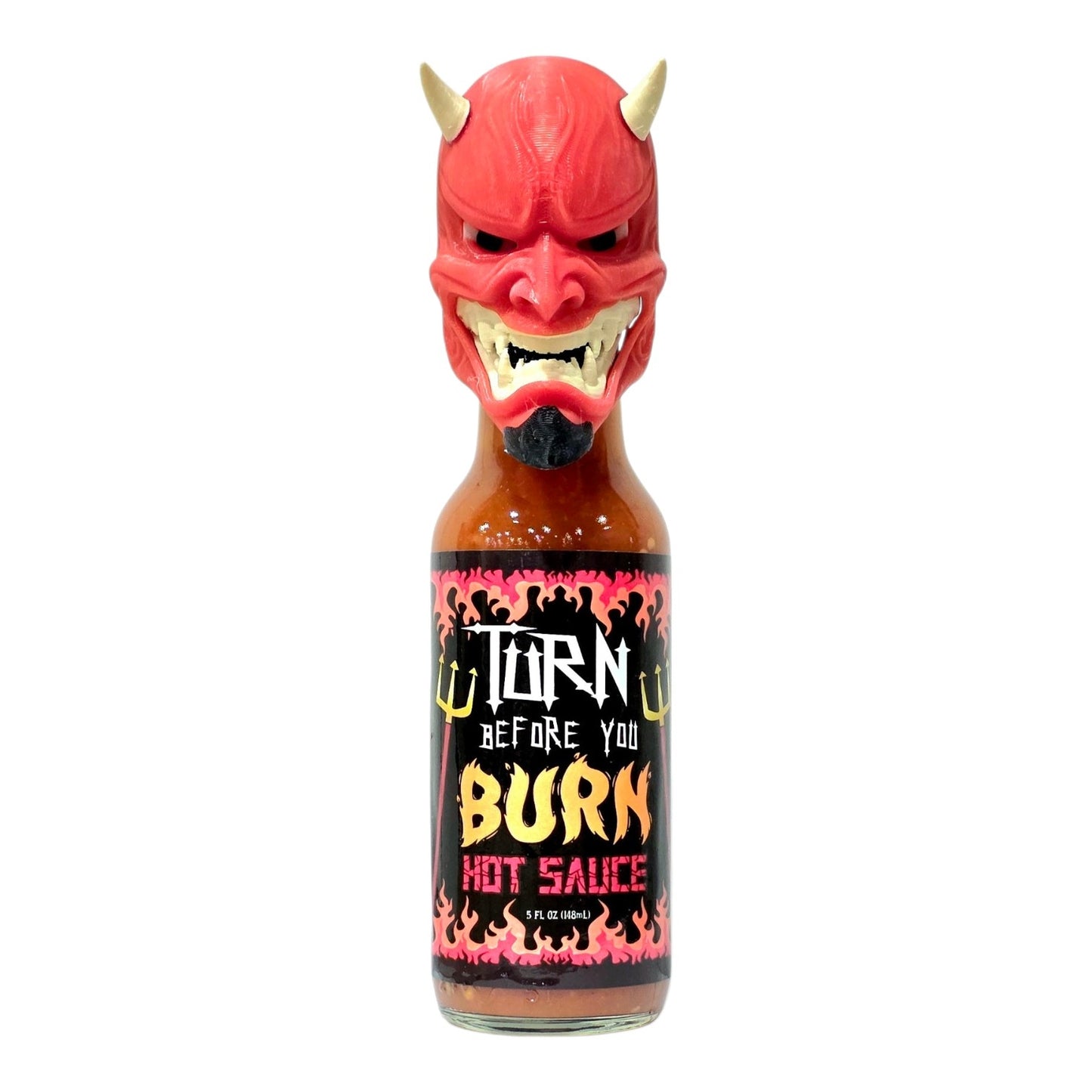 Turn Before You Burn Hot Sauce with 3D Printed Devil Head Bottle Topper