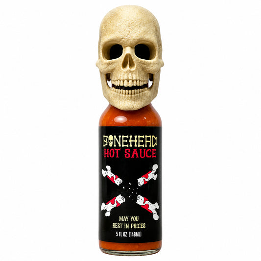 Bone Head Hot Sauce with 3D Printed Skeleton Face Bottle Topper with Articulating Jaw