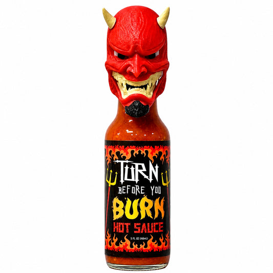 Turn Before You Burn Hot Sauce with 3D Printed Devil Head Bottle Topper