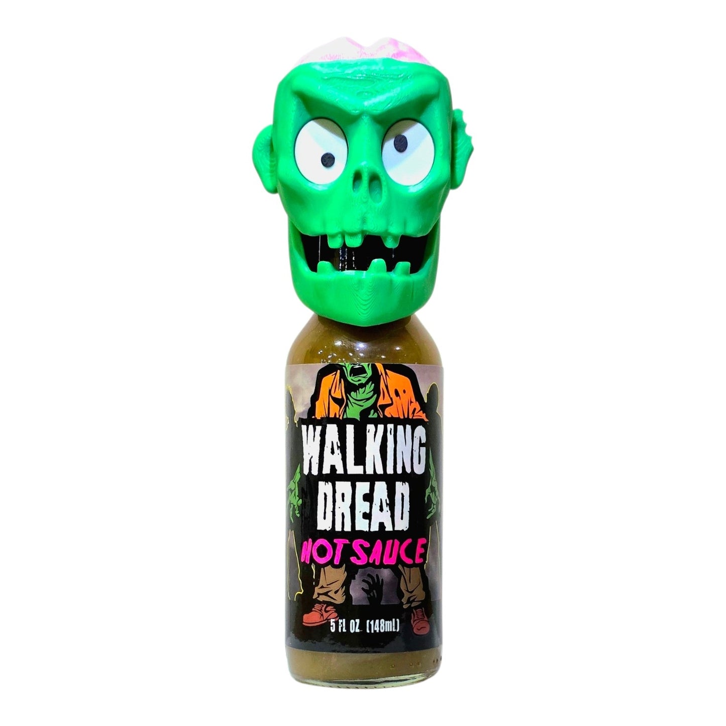 Walking Dread Hot Sauce with 3D Printed Zombie Face Bottle Topper with Articulating Jaw